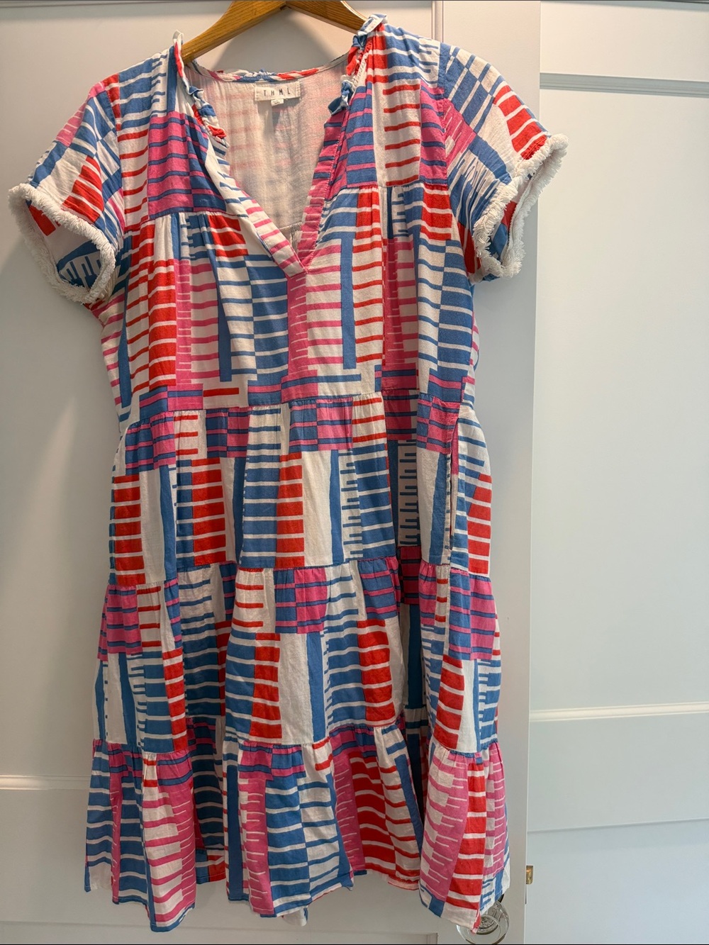 THML Red Pink Blue Striped Tiered Cotton Dress for Girls - Picture 5 of 6